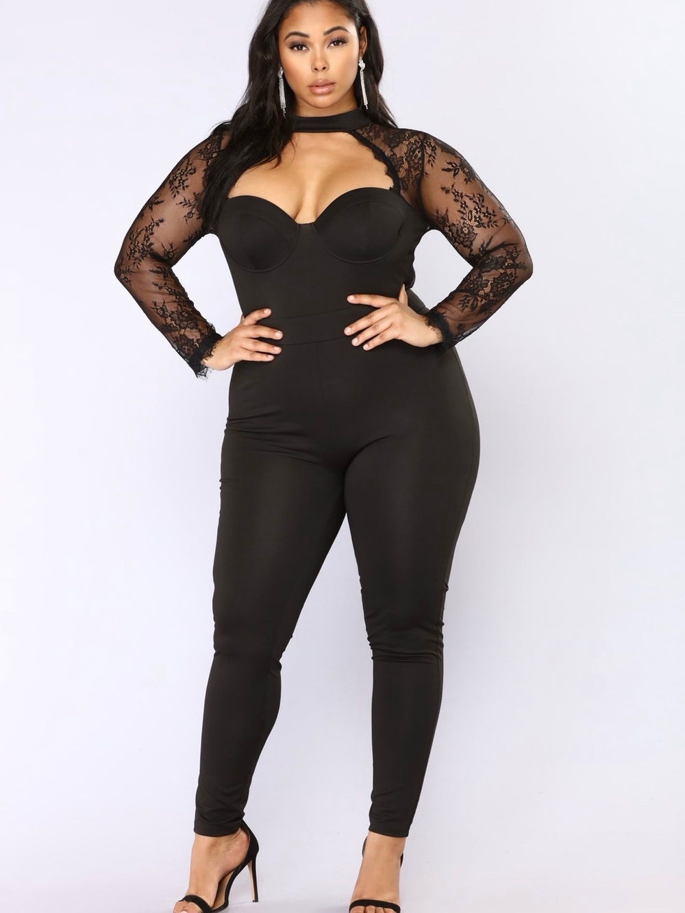 Fashion Nova Black Lace Long Sleeve Jumpsuit with Sheer Details